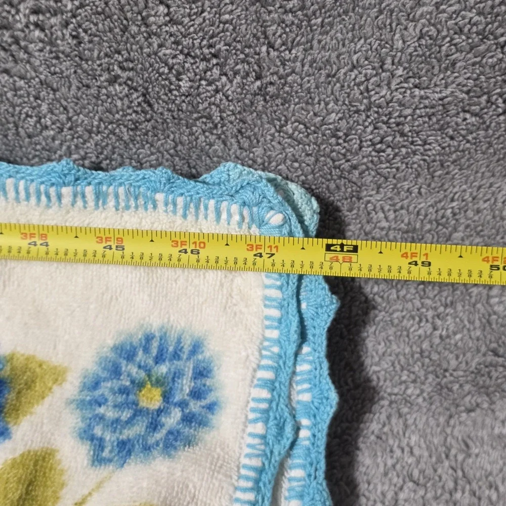 Vintage Terry Cloth Handmade Throw Crochet Lace Blue Floral
